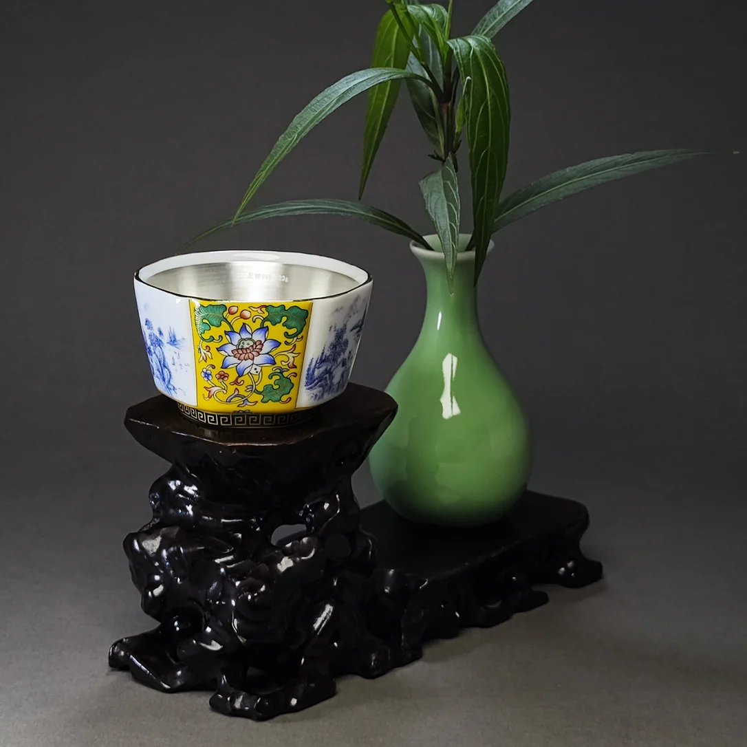 銀杯 桃源境珐琅彩白瓷包银（足银Ag999）黄色六方杯品茗杯主人杯茶杯