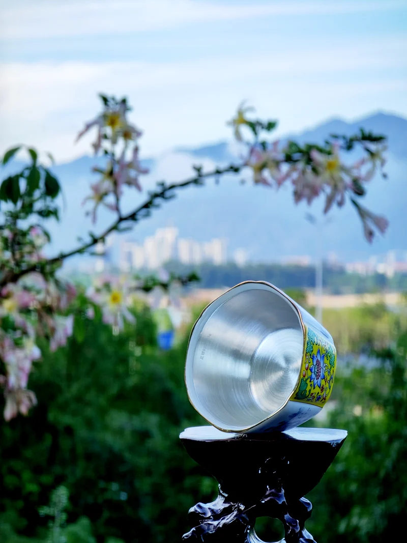 桃源境珐琅彩白瓷包银（足银Ag999）黄色六方杯品茗杯主人杯茶杯 -产品