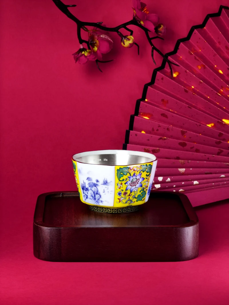 銀杯 桃源境珐琅彩白瓷包银（足银Ag999）黄色六方杯品茗杯主人杯茶杯