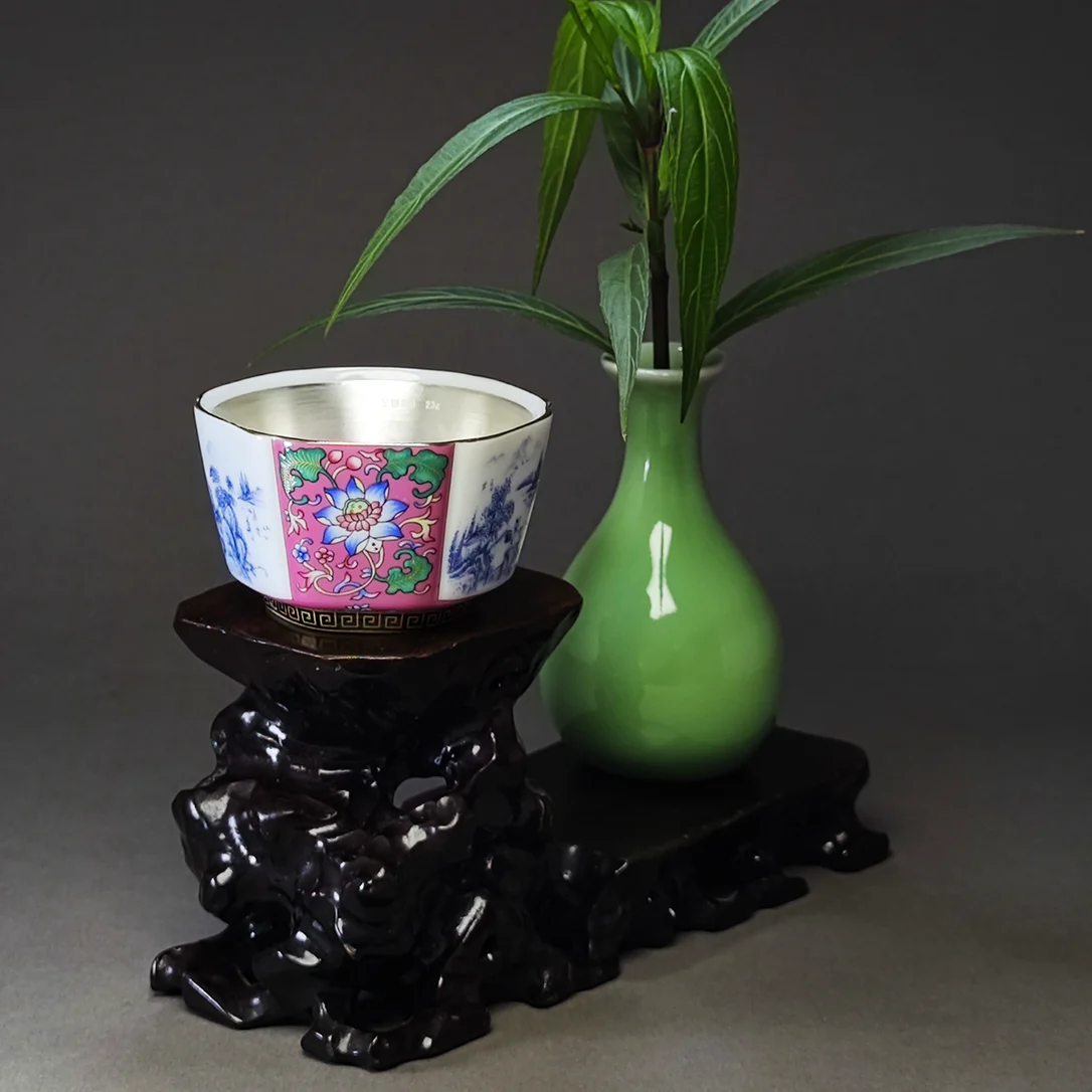 桃源境 珐琅彩白瓷包银（足银Ag999）粉色六方杯 品茗杯 主人杯 茶杯