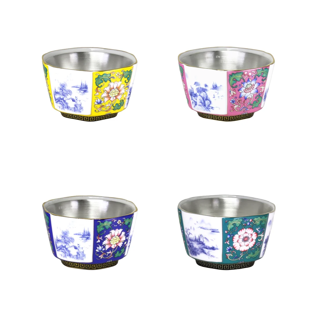 桃源境珐琅彩白瓷包银（足银Ag999）六方杯品茗杯主人杯茶杯