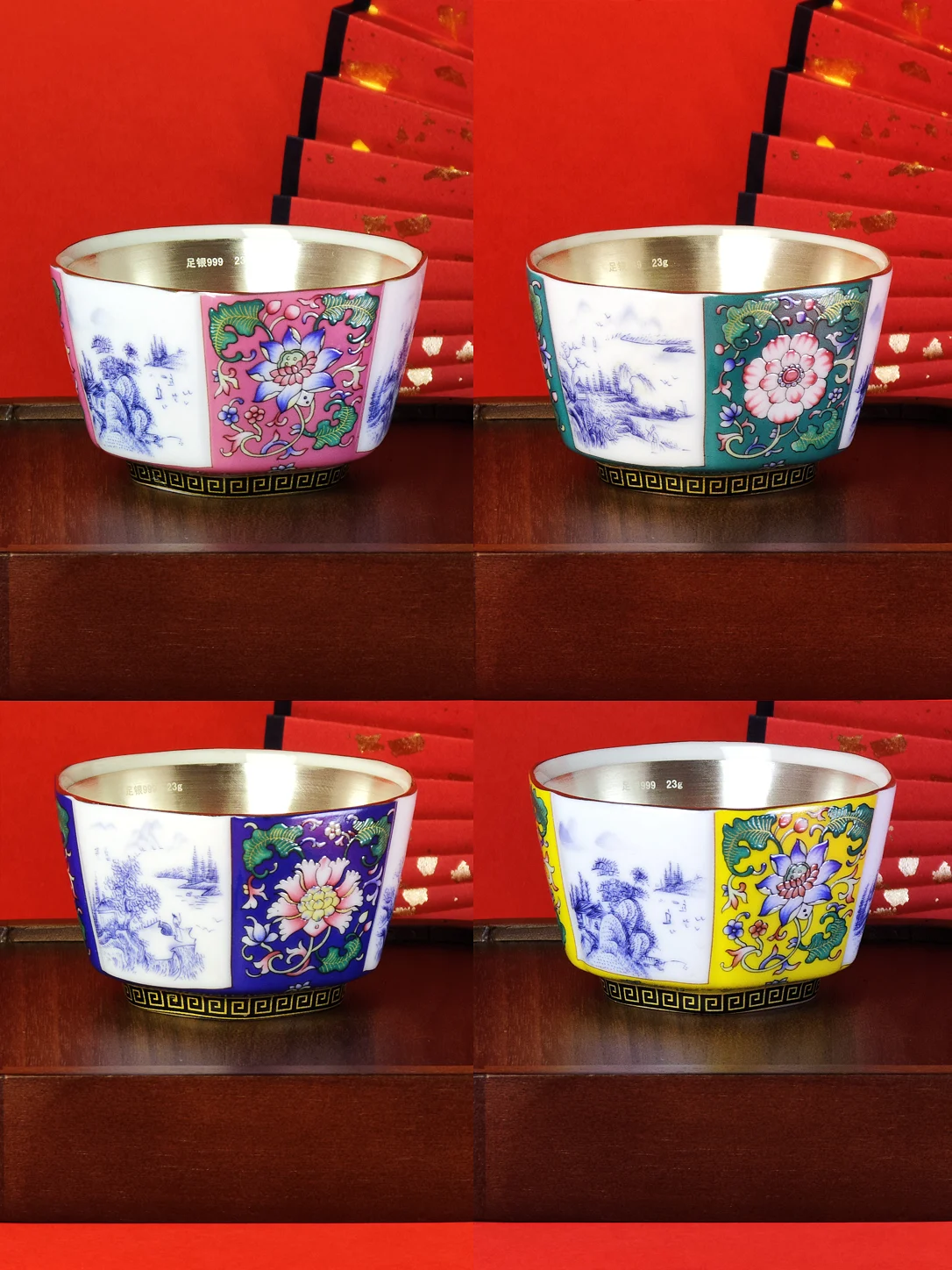 銀杯 桃源境珐琅彩白瓷包银（足银Ag999）黄色六方杯品茗杯主人杯茶杯